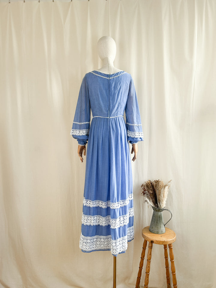 Dreamy Blue 70s Cotton and Crochet Maxi Dress