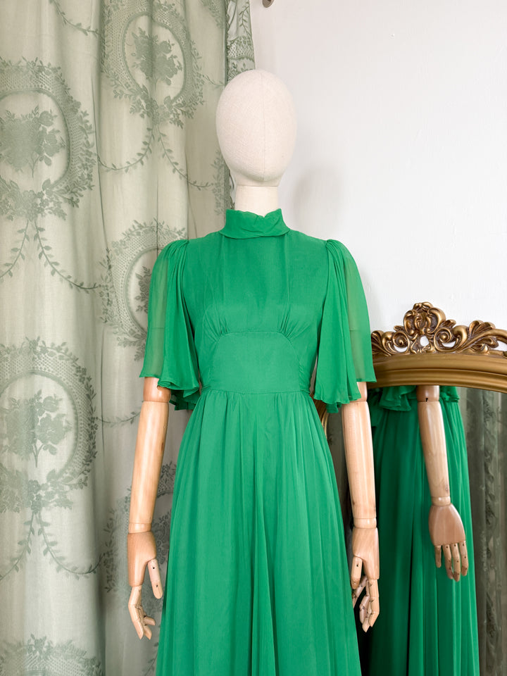 EMERALD ~ MAGICAL RARE EARLY 1970S QUAD FLUTTER SLEEVE CHIFFON MAXI DRESS