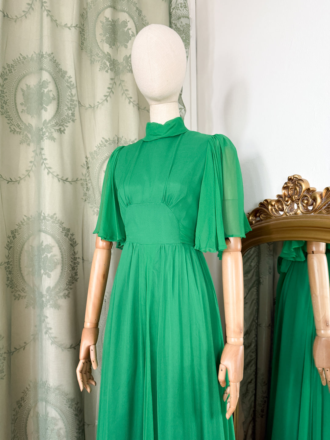EMERALD ~ MAGICAL RARE EARLY 1970S QUAD FLUTTER SLEEVE CHIFFON MAXI DRESS