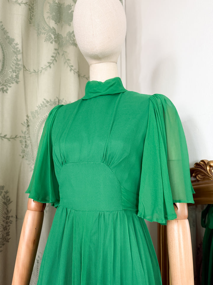 EMERALD ~ MAGICAL RARE EARLY 1970S QUAD FLUTTER SLEEVE CHIFFON MAXI DRESS