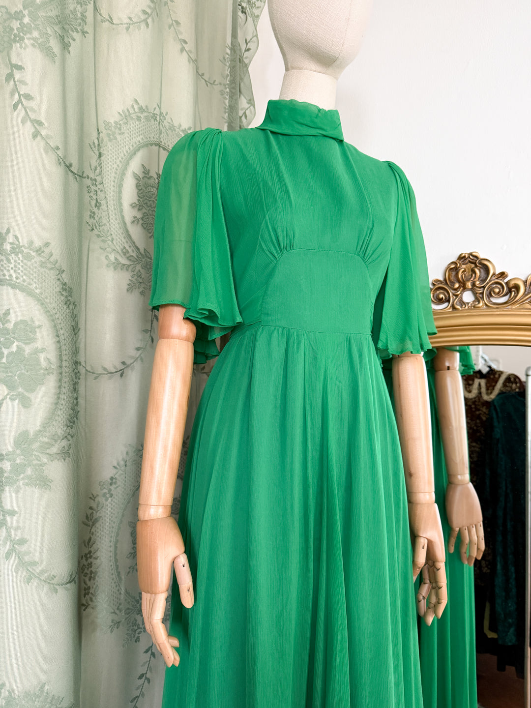 EMERALD ~ MAGICAL RARE EARLY 1970S QUAD FLUTTER SLEEVE CHIFFON MAXI DRESS
