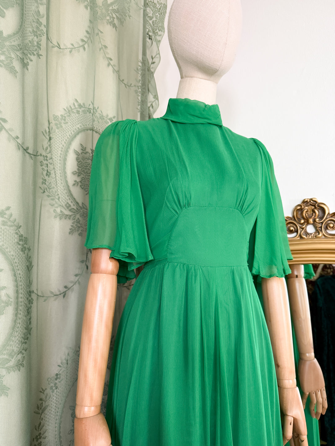 EMERALD ~ MAGICAL RARE EARLY 1970S QUAD FLUTTER SLEEVE CHIFFON MAXI DRESS