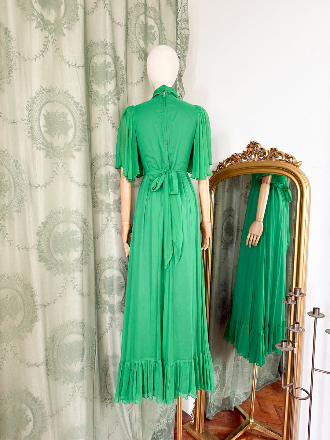 EMERALD ~ MAGICAL RARE EARLY 1970S QUAD FLUTTER SLEEVE CHIFFON MAXI DRESS