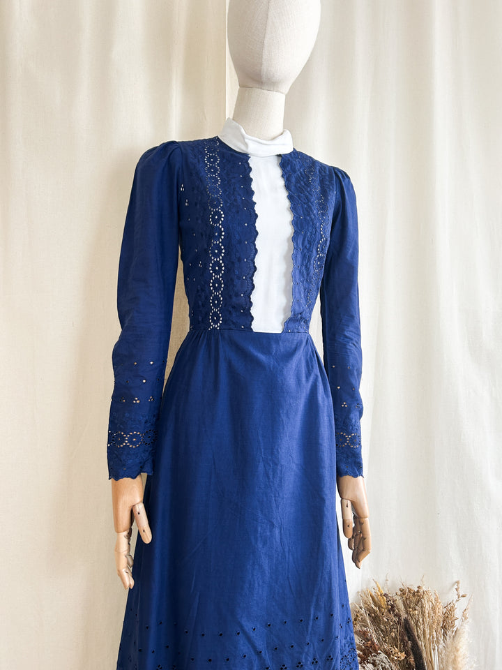 Incredible 70s Broderie Cotton Victoriana Maxi Dress by Quad