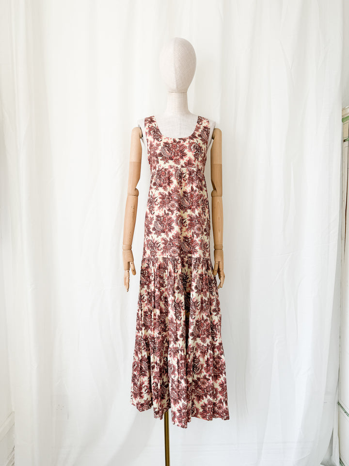 Stunning Bohemian Rusty Floral 1970s Cotton Maxi Dress by Justin