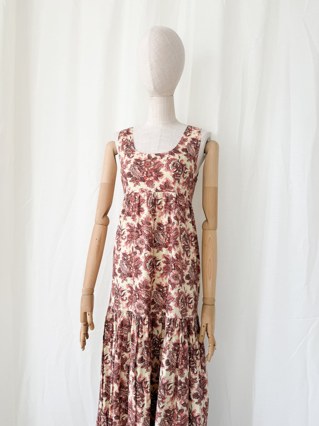 Stunning Bohemian Rusty Floral 1970s Cotton Maxi Dress by Justin