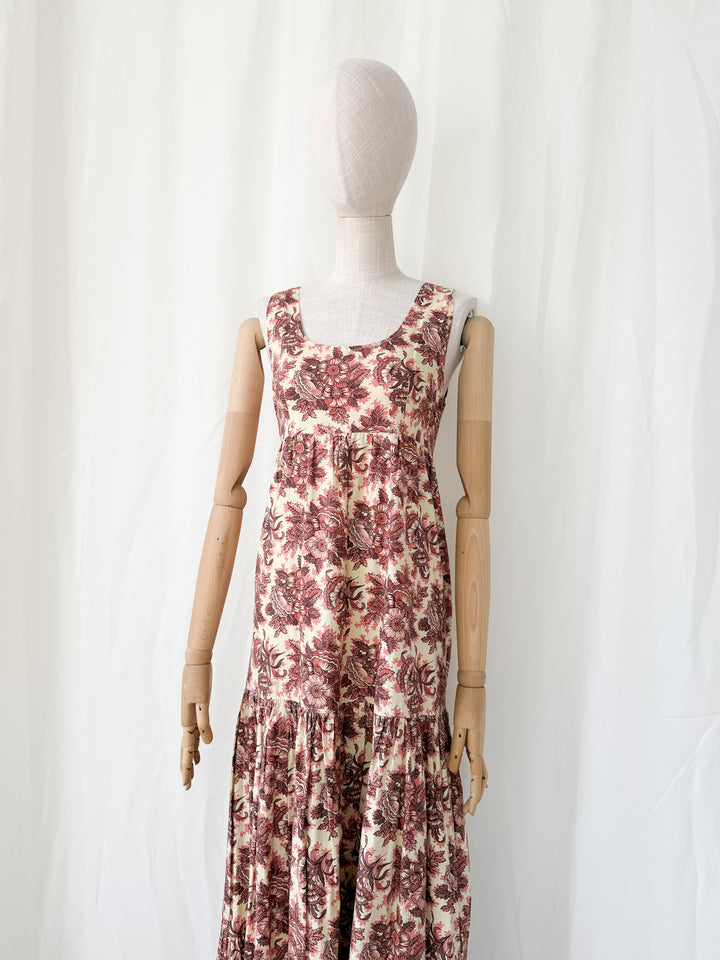 Stunning Bohemian Rusty Floral 1970s Cotton Maxi Dress by Justin