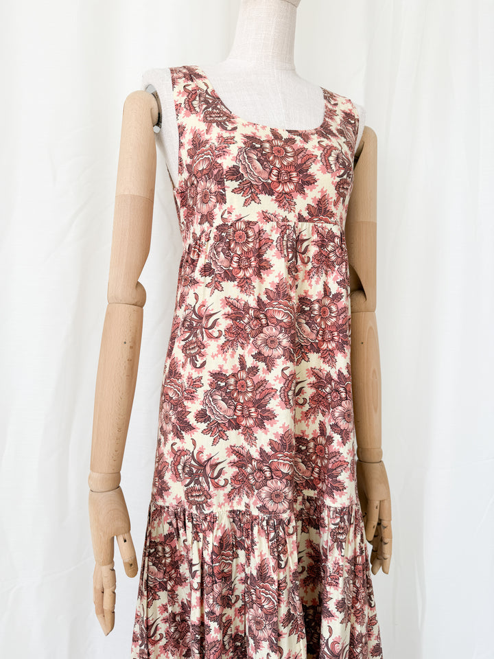 Stunning Bohemian Rusty Floral 1970s Cotton Maxi Dress by Justin