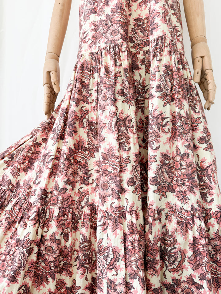 Stunning Bohemian Rusty Floral 1970s Cotton Maxi Dress by Justin