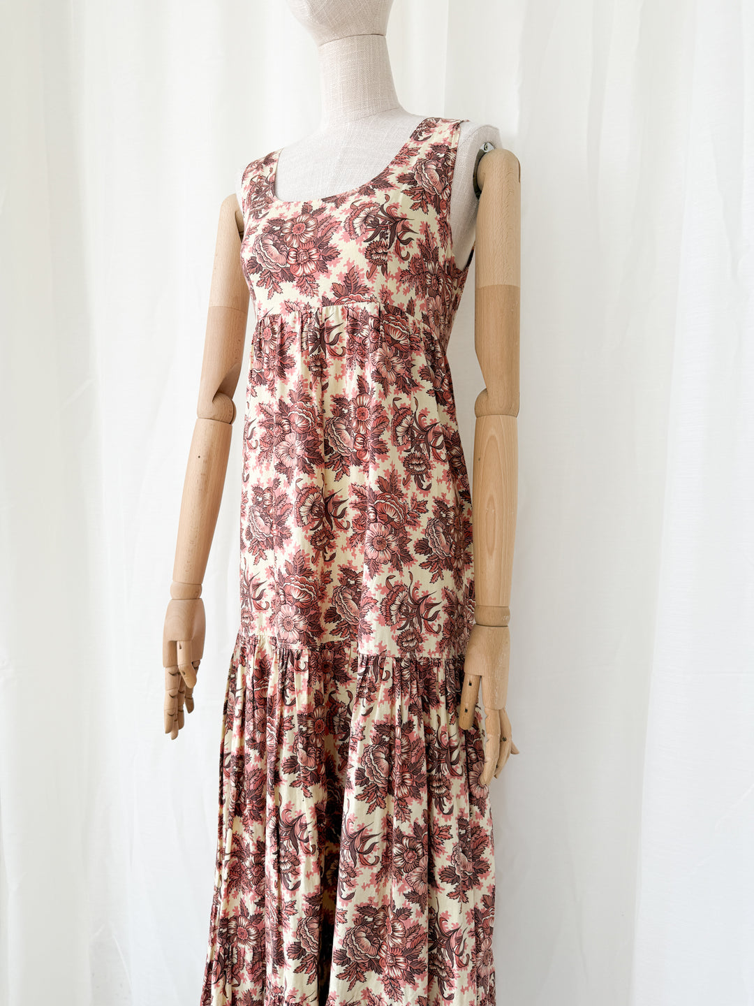 Stunning Bohemian Rusty Floral 1970s Cotton Maxi Dress by Justin