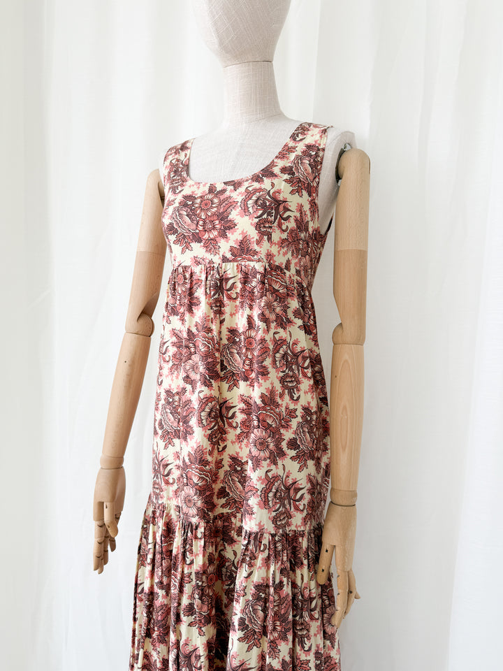 Stunning Bohemian Rusty Floral 1970s Cotton Maxi Dress by Justin