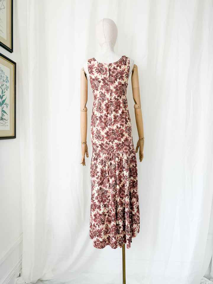 Stunning Bohemian Rusty Floral 1970s Cotton Maxi Dress by Justin