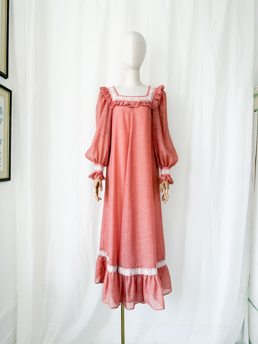 Incredible Rare 1970s Quad Lace Trimmed Smock Maxi Dress