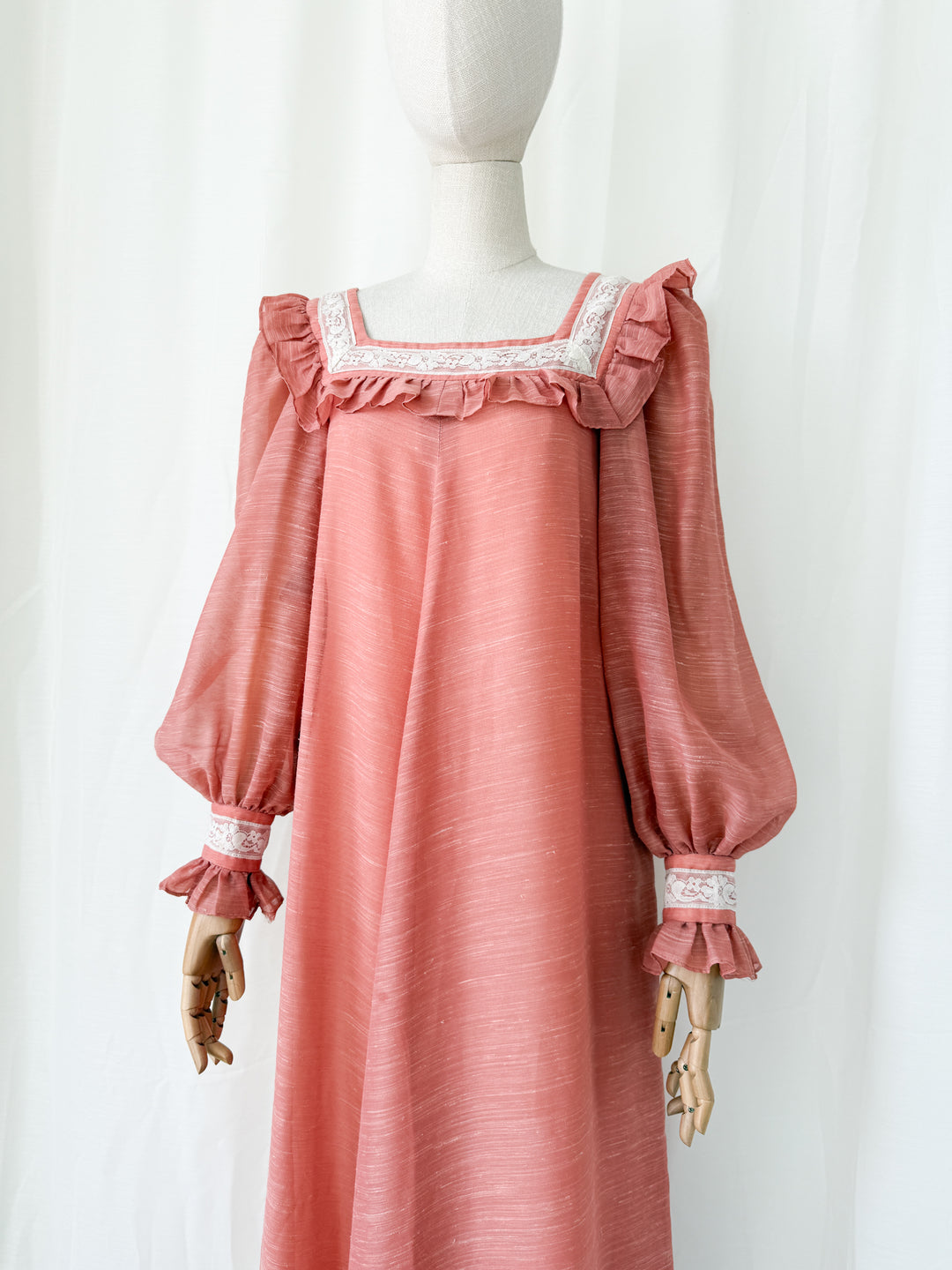 Incredible Rare 1970s Quad Lace Trimmed Smock Maxi Dress