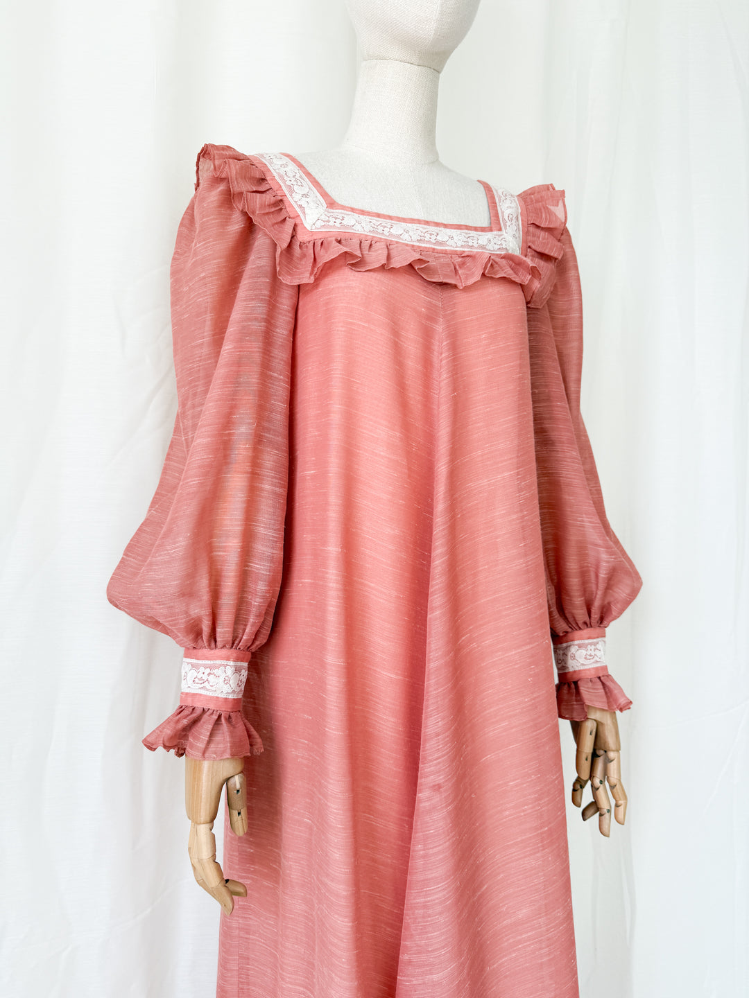 Incredible Rare 1970s Quad Lace Trimmed Smock Maxi Dress