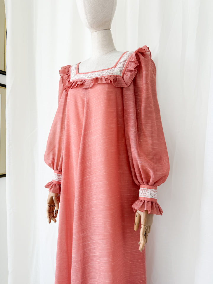 Incredible Rare 1970s Quad Lace Trimmed Smock Maxi Dress