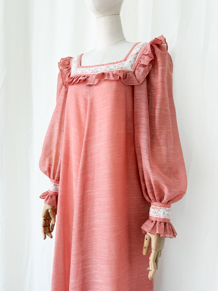Incredible Rare 1970s Quad Lace Trimmed Smock Maxi Dress