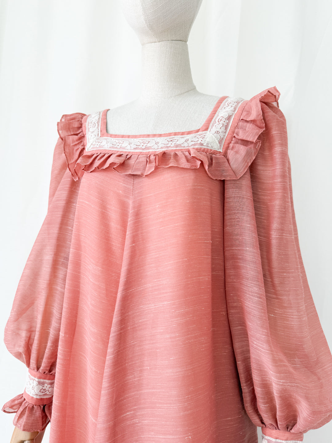 Incredible Rare 1970s Quad Lace Trimmed Smock Maxi Dress