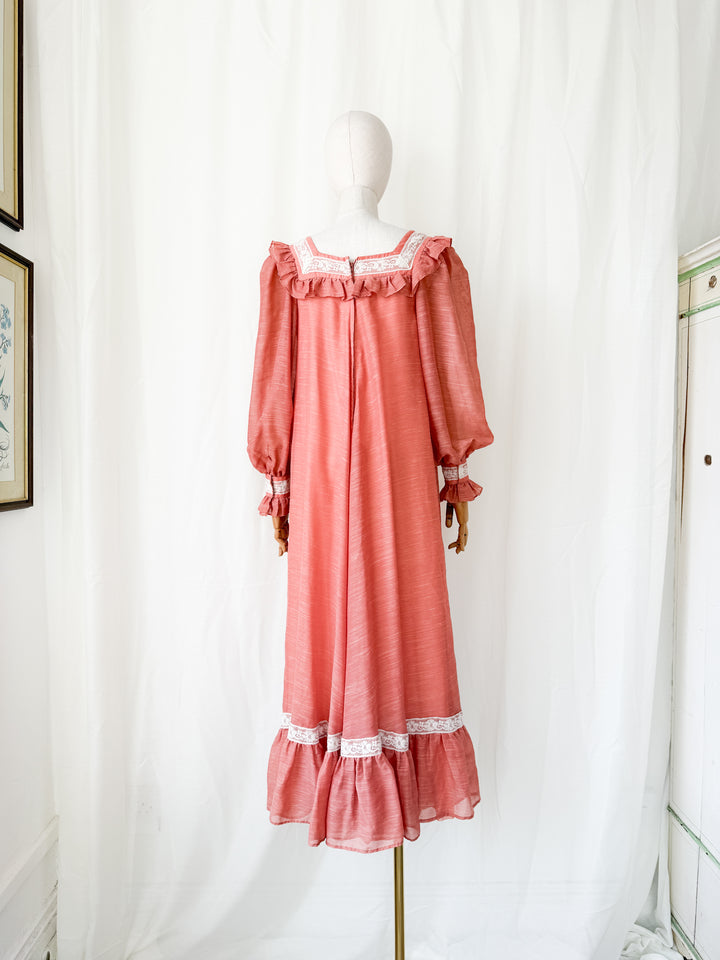 Incredible Rare 1970s Quad Lace Trimmed Smock Maxi Dress