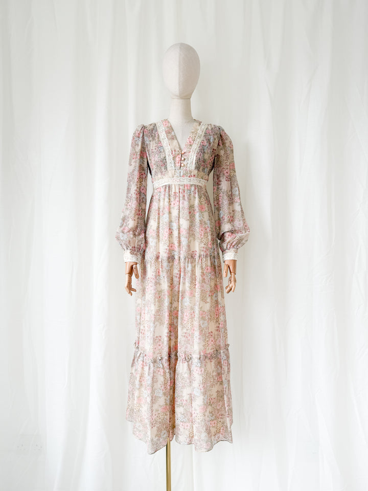 Adorable 1970s Floral Cotton Romantic Maxi Dress