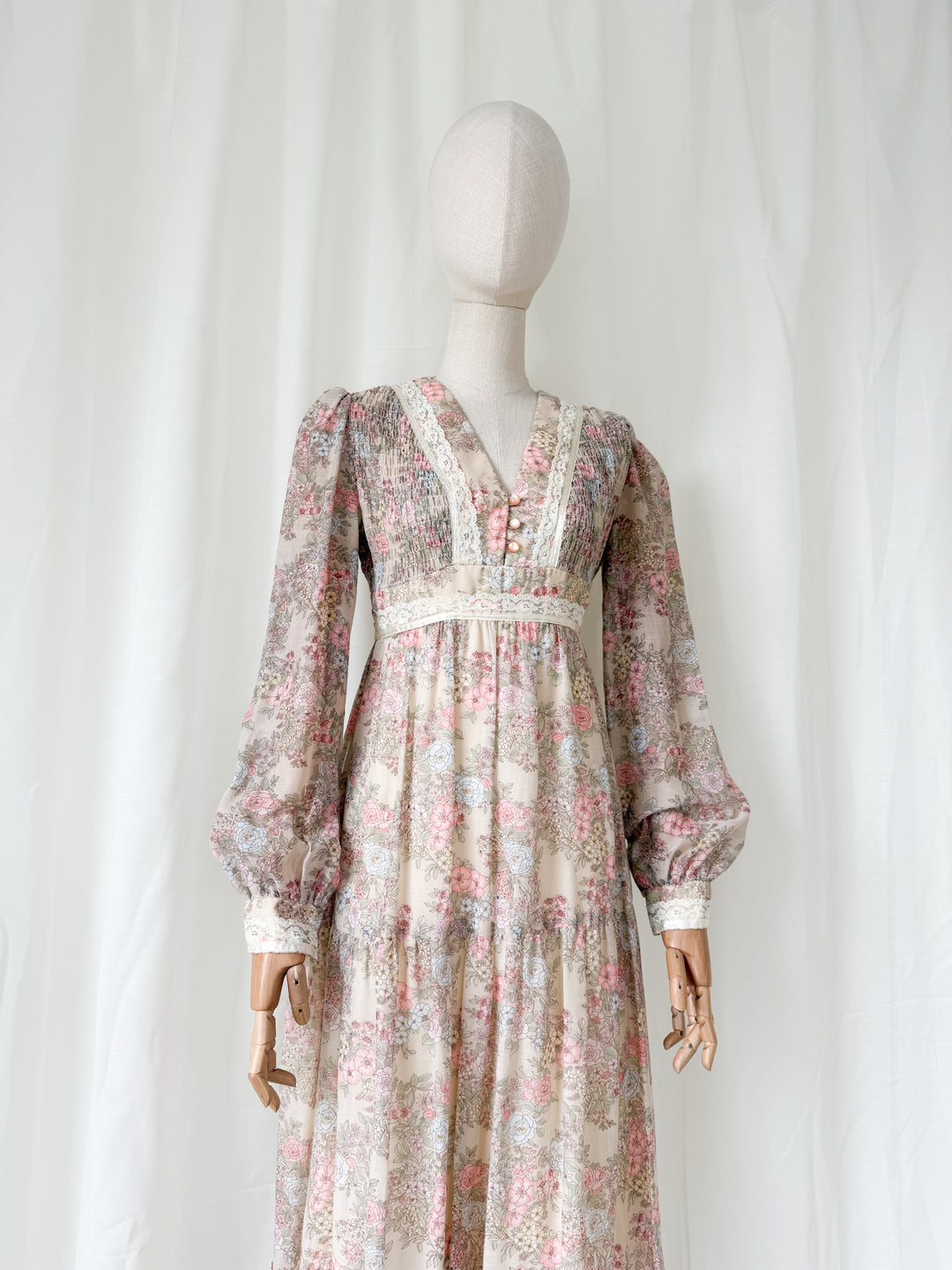 Adorable 1970s Floral Cotton Romantic Maxi Dress