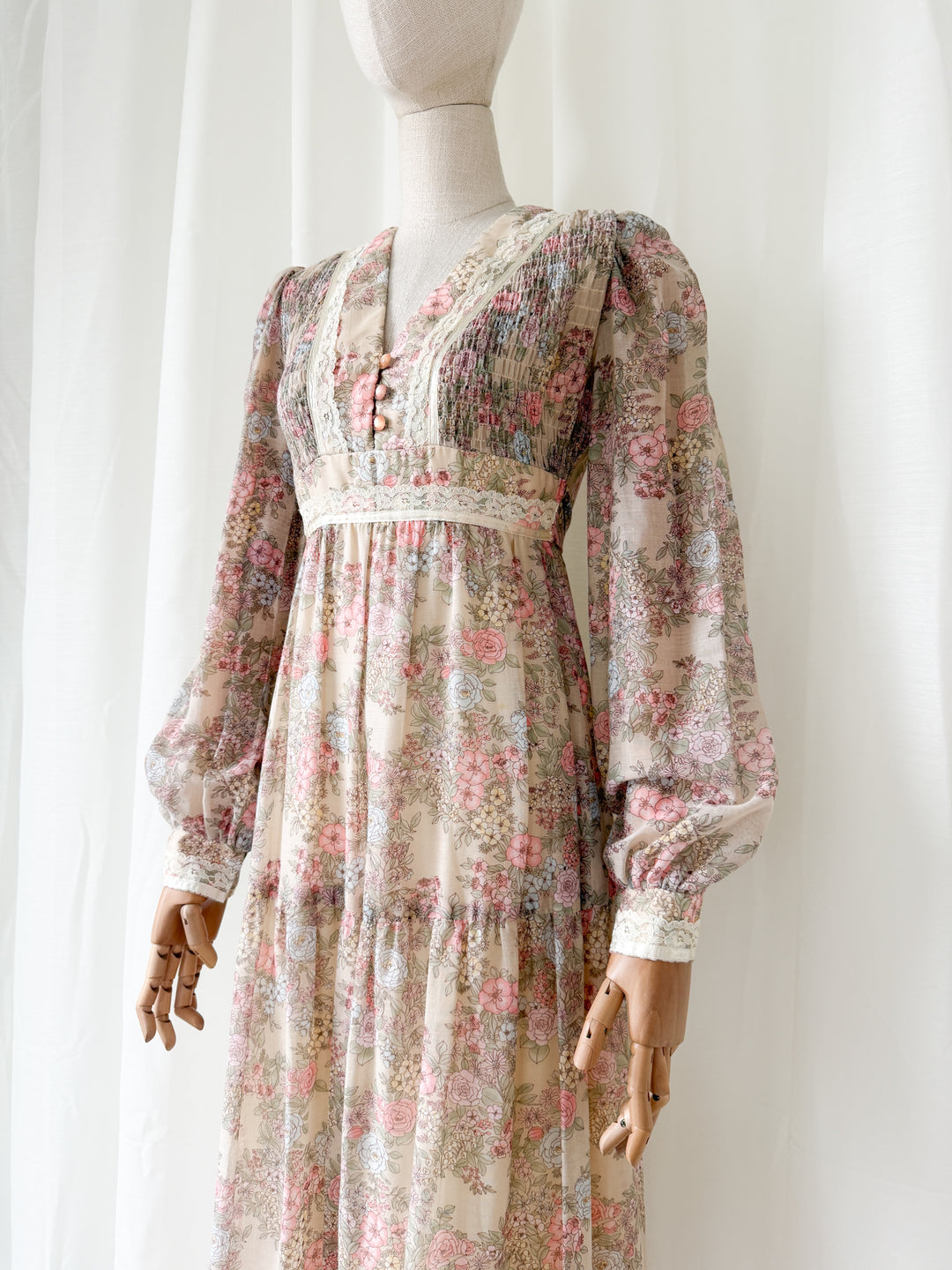 Adorable 1970s Floral Cotton Romantic Maxi Dress