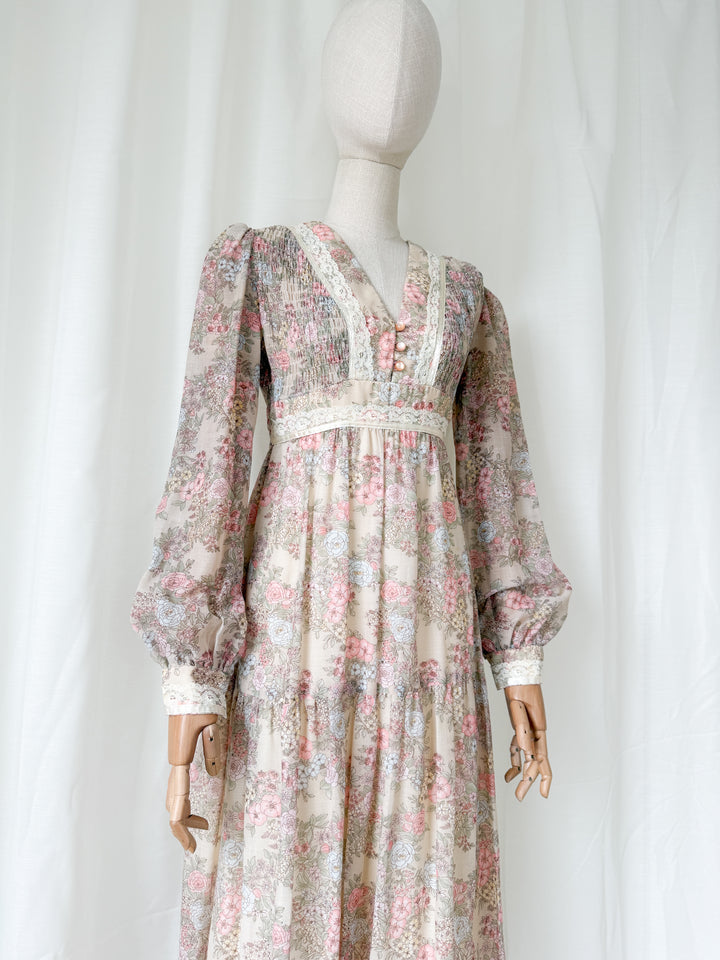 Adorable 1970s Floral Cotton Romantic Maxi Dress