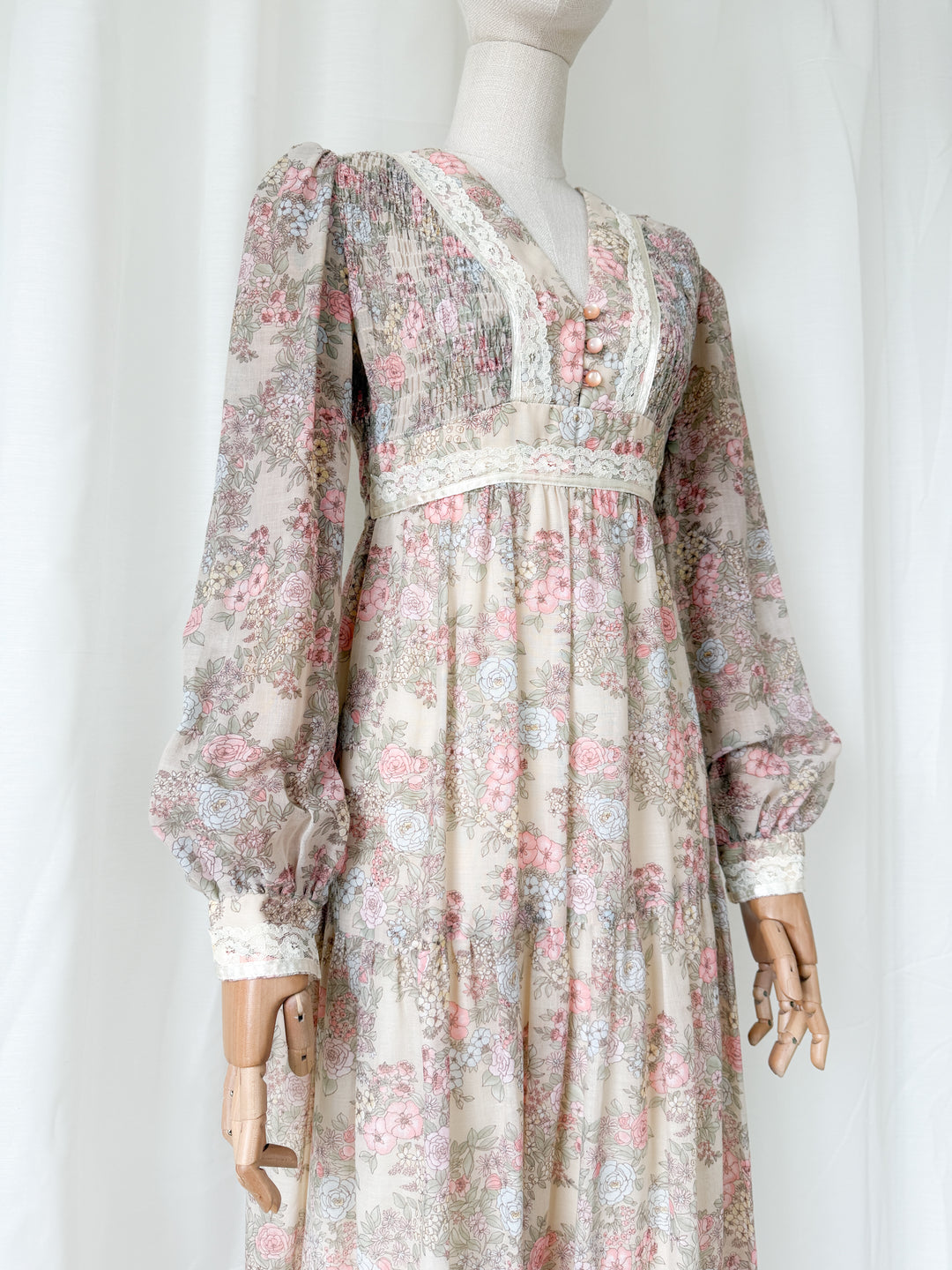 Adorable 1970s Floral Cotton Romantic Maxi Dress