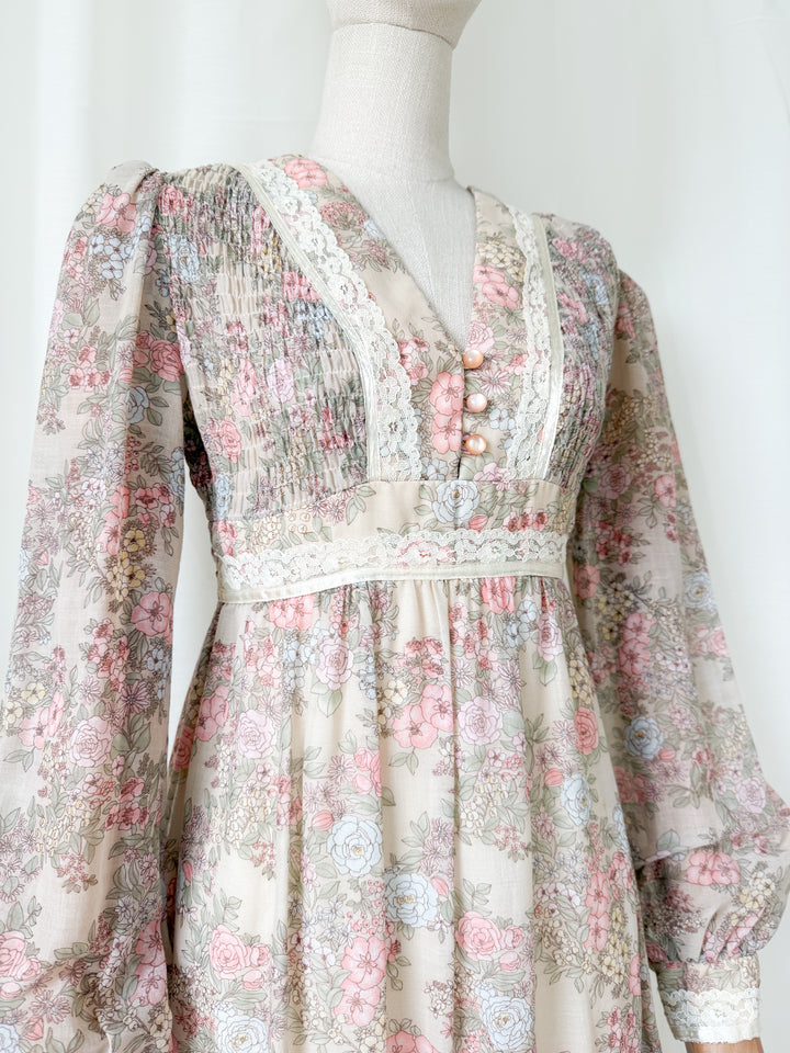 Adorable 1970s Floral Cotton Romantic Maxi Dress