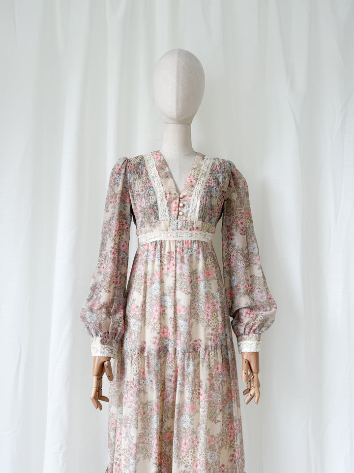 Adorable 1970s Floral Cotton Romantic Maxi Dress