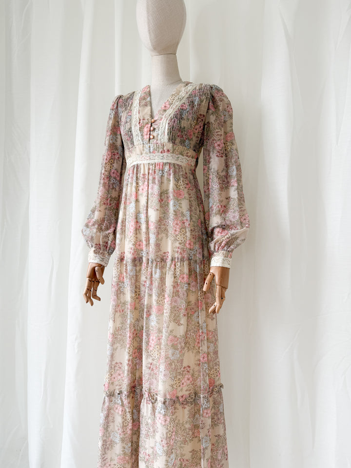 Adorable 1970s Floral Cotton Romantic Maxi Dress
