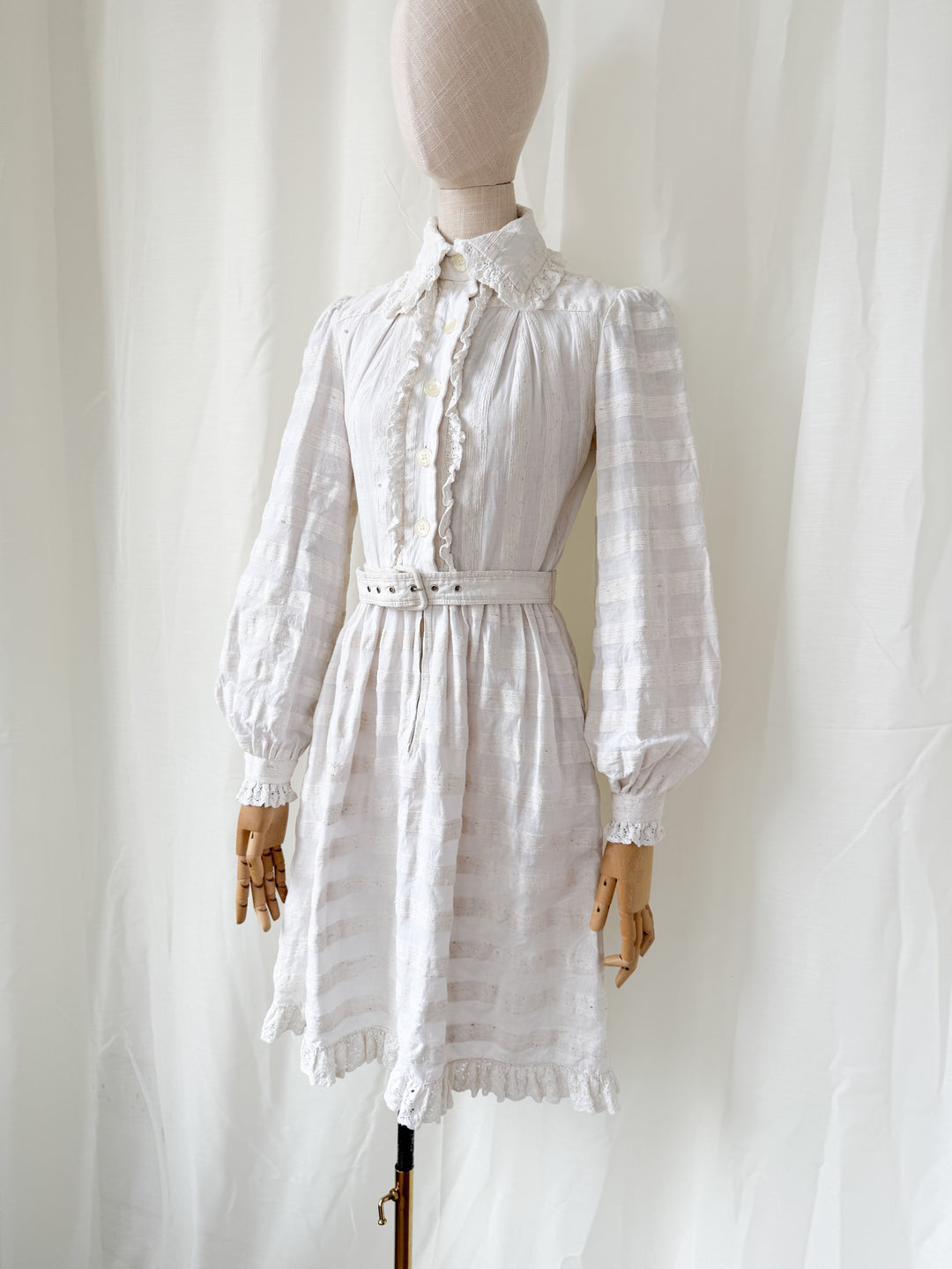 Breathtaking Rare Raw Slubbed Cotton 1970s Lace Trimmed Mini Dress by Jean Varon