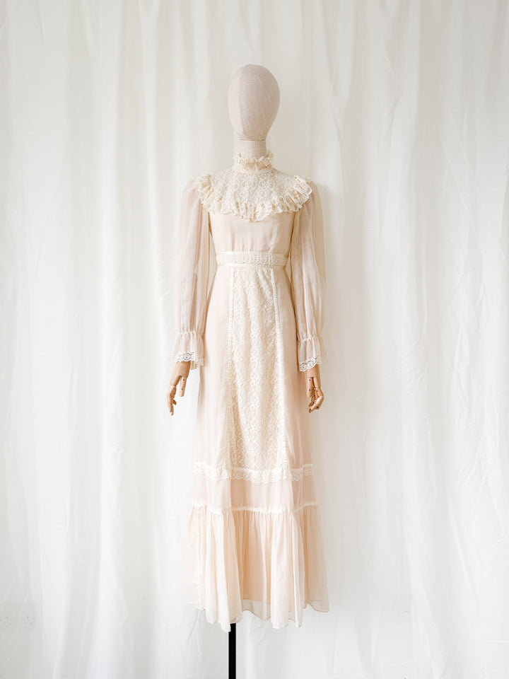 Precious Rare 1970s Candy Jones Cotton Lace Maxi Dress