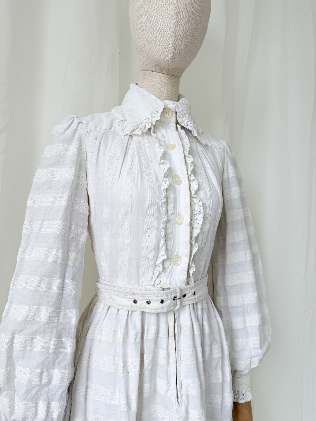 Breathtaking Rare Raw Slubbed Cotton 1970s Lace Trimmed Mini Dress by Jean Varon
