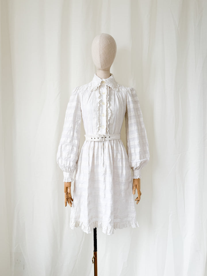 Breathtaking Rare Raw Slubbed Cotton 1970s Lace Trimmed Mini Dress by Jean Varon