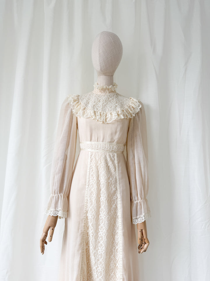 Precious Rare 1970s Candy Jones Cotton Lace Maxi Dress