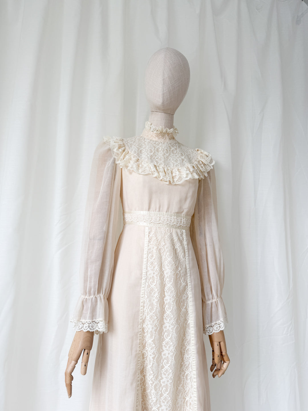 Precious Rare 1970s Candy Jones Cotton Lace Maxi Dress
