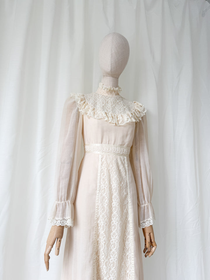 Precious Rare 1970s Candy Jones Cotton Lace Maxi Dress
