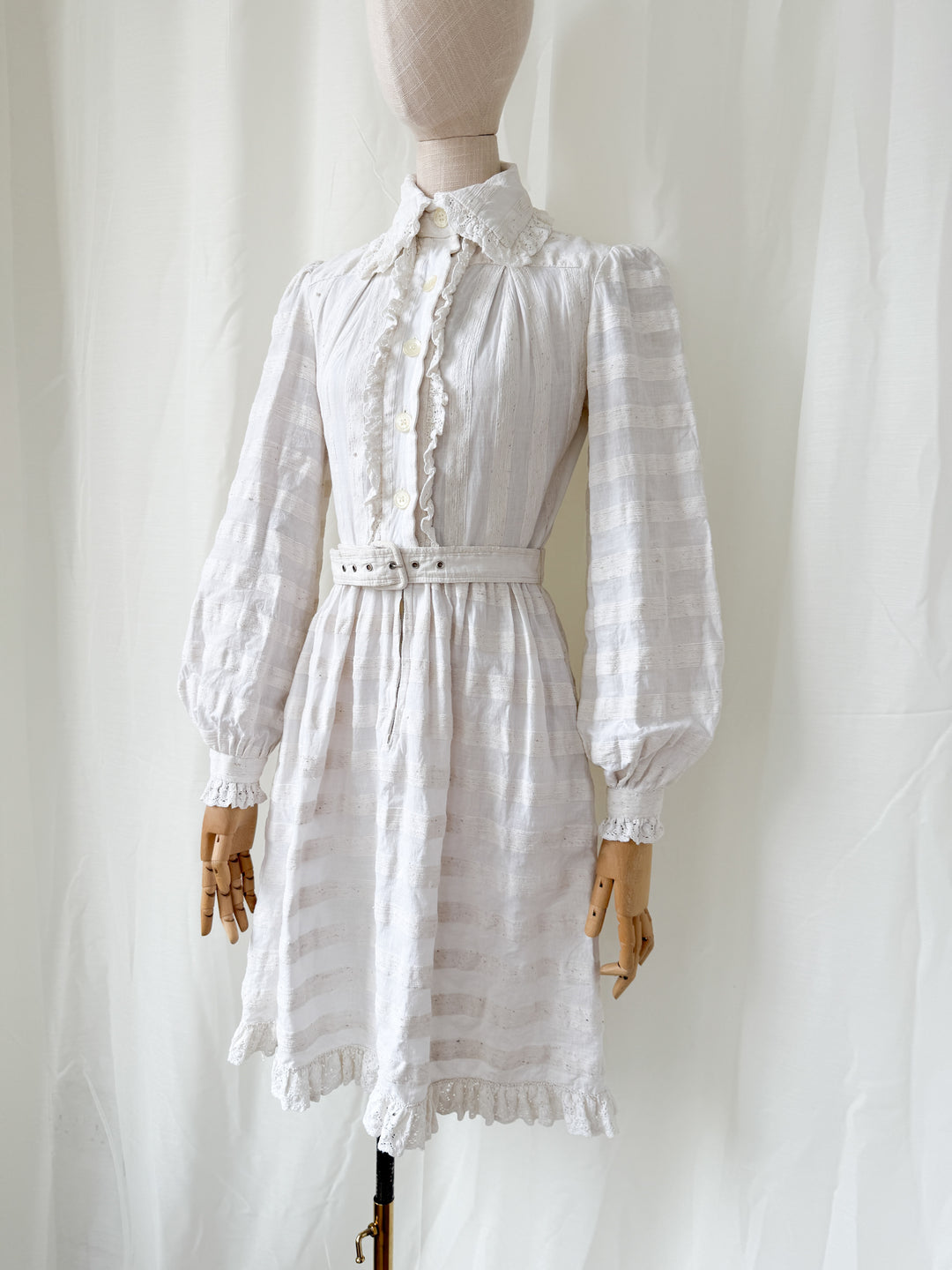 Breathtaking Rare Raw Slubbed Cotton 1970s Lace Trimmed Mini Dress by Jean Varon