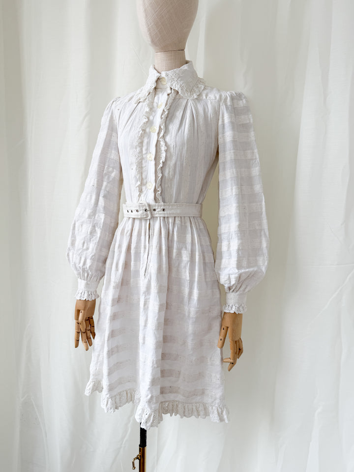 Breathtaking Rare Raw Slubbed Cotton 1970s Lace Trimmed Mini Dress by Jean Varon