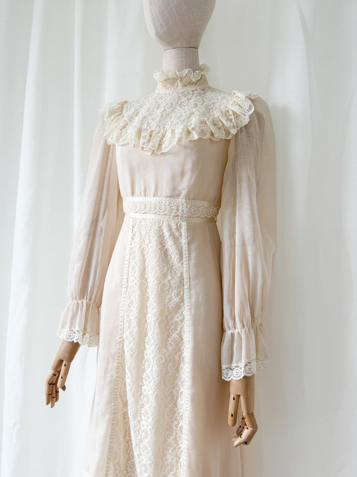 Precious Rare 1970s Candy Jones Cotton Lace Maxi Dress