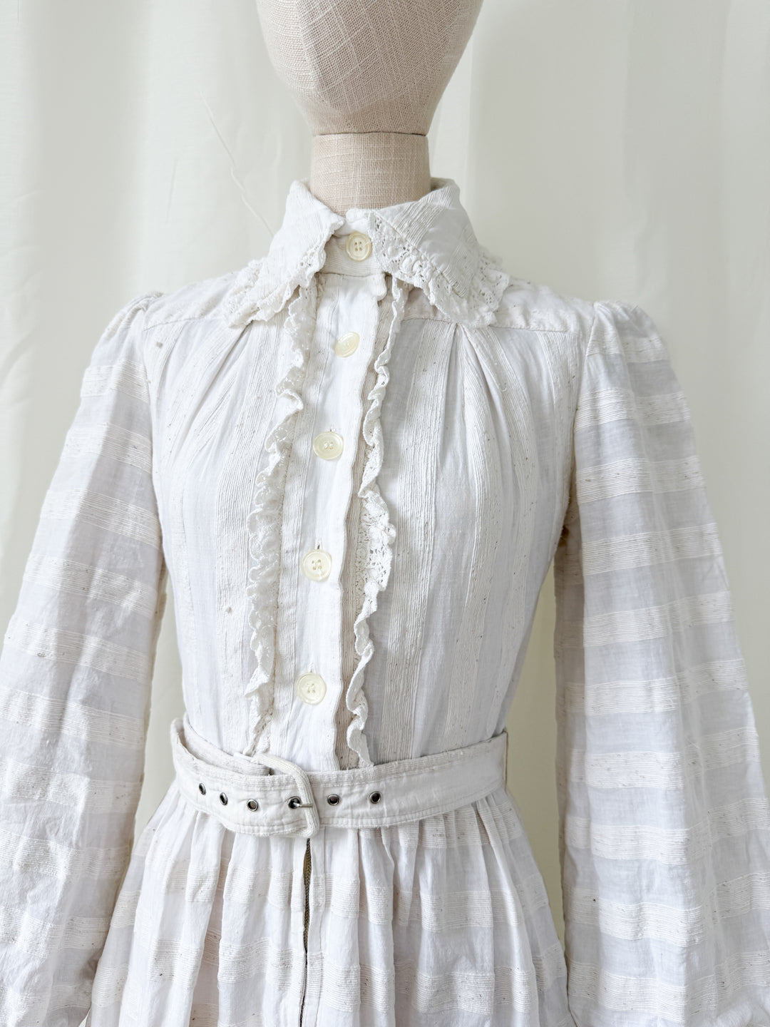 Breathtaking Rare Raw Slubbed Cotton 1970s Lace Trimmed Mini Dress by Jean Varon