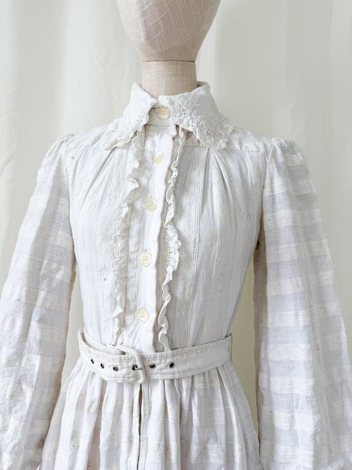 Breathtaking Rare Raw Slubbed Cotton 1970s Lace Trimmed Mini Dress by Jean Varon