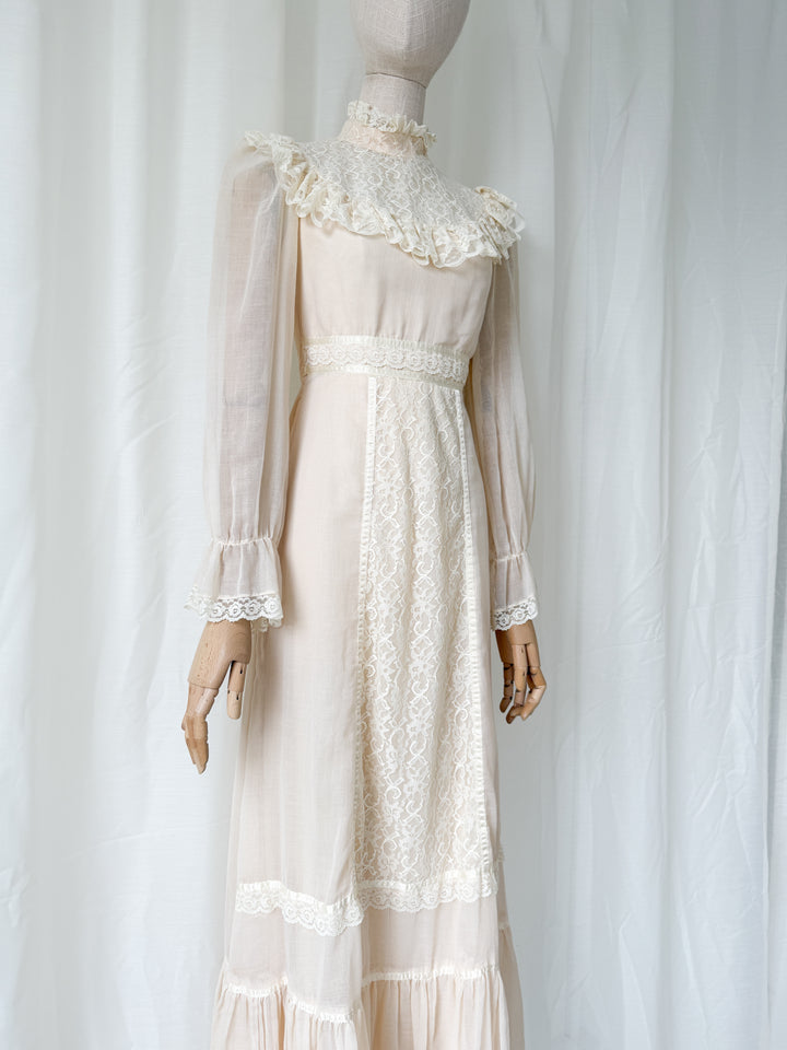 Precious Rare 1970s Candy Jones Cotton Lace Maxi Dress