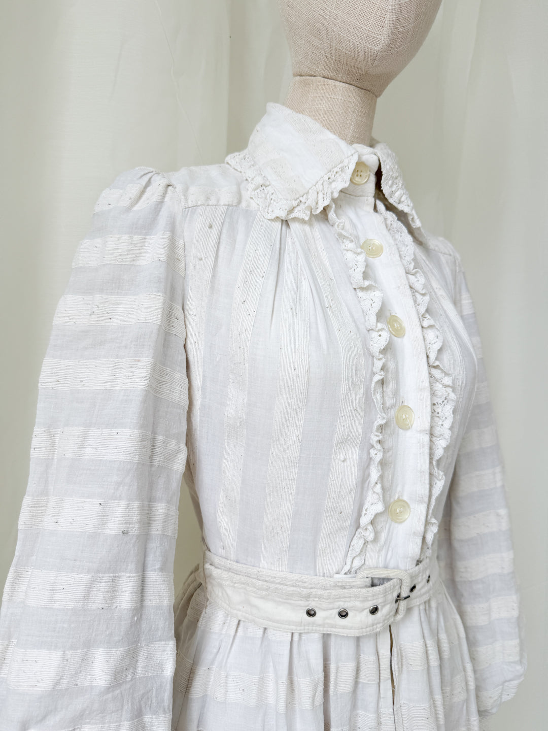 Breathtaking Rare Raw Slubbed Cotton 1970s Lace Trimmed Mini Dress by Jean Varon