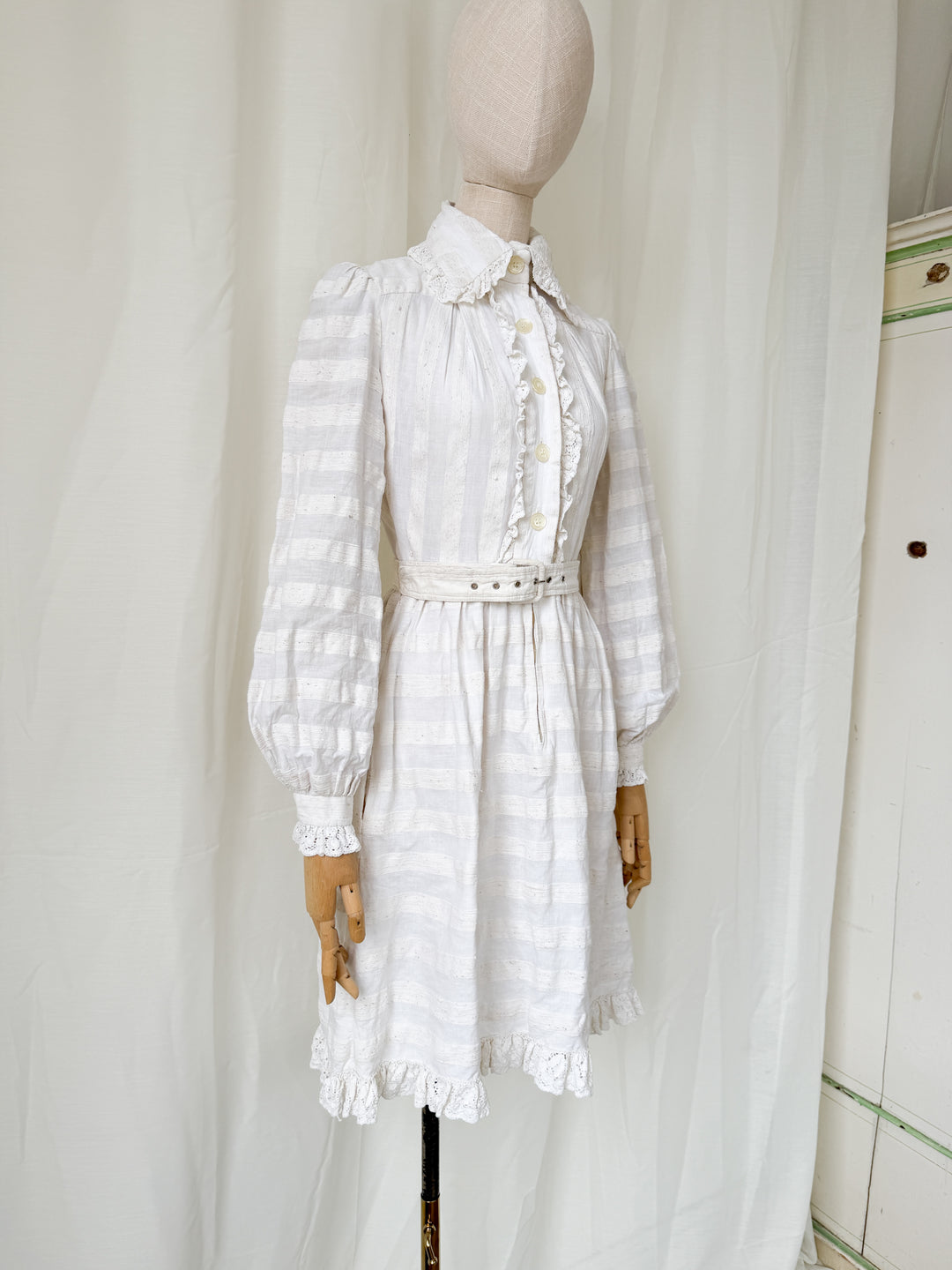 Breathtaking Rare Raw Slubbed Cotton 1970s Lace Trimmed Mini Dress by Jean Varon