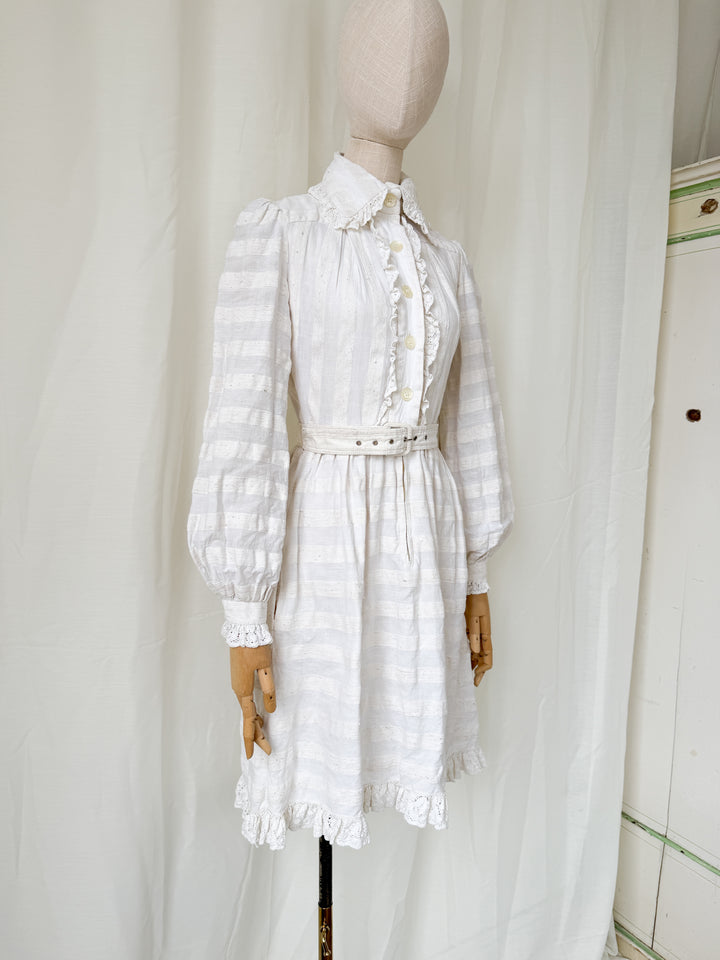 Breathtaking Rare Raw Slubbed Cotton 1970s Lace Trimmed Mini Dress by Jean Varon