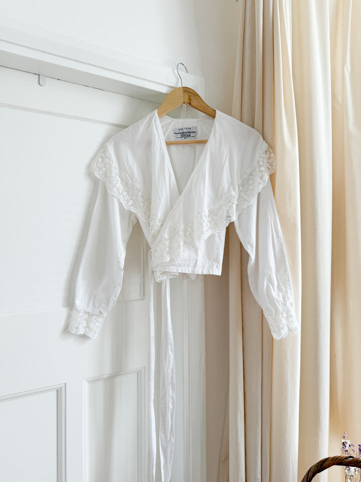 Precious White Late 70s Indian Cotton Lace Trimmed Wrap Blouse