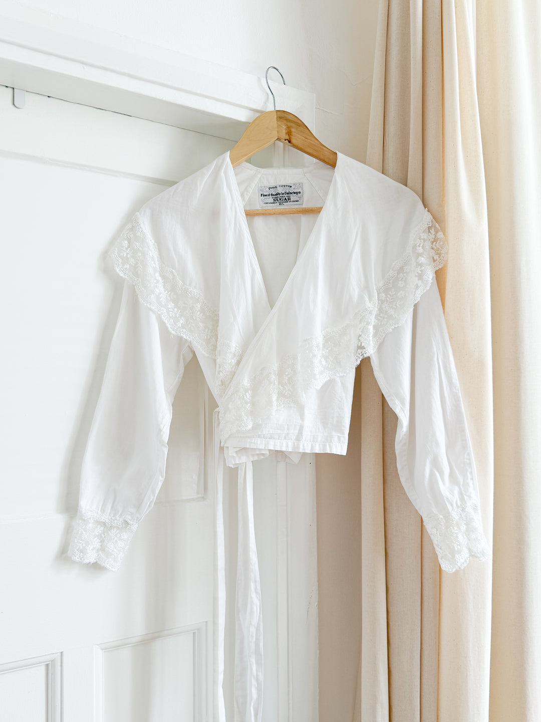 Precious White Late 70s Indian Cotton Lace Trimmed Wrap Blouse