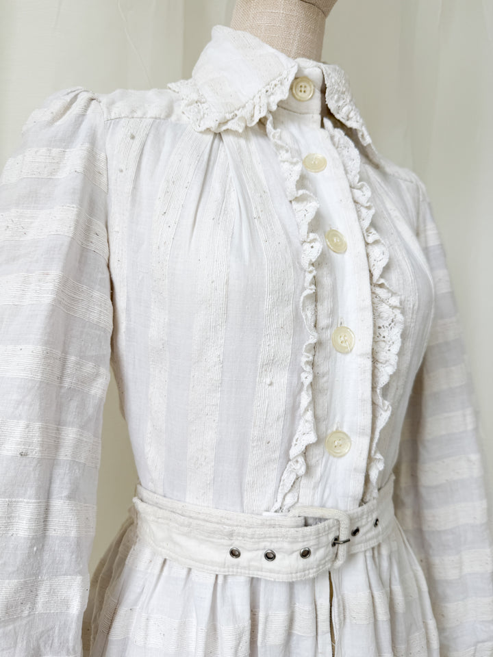 Breathtaking Rare Raw Slubbed Cotton 1970s Lace Trimmed Mini Dress by Jean Varon
